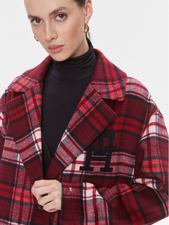 Tommy Hilfiger Tommy Hilfiger Vlnený kabát Imd Tartan WW0WW39761 Červená Relaxed Fit