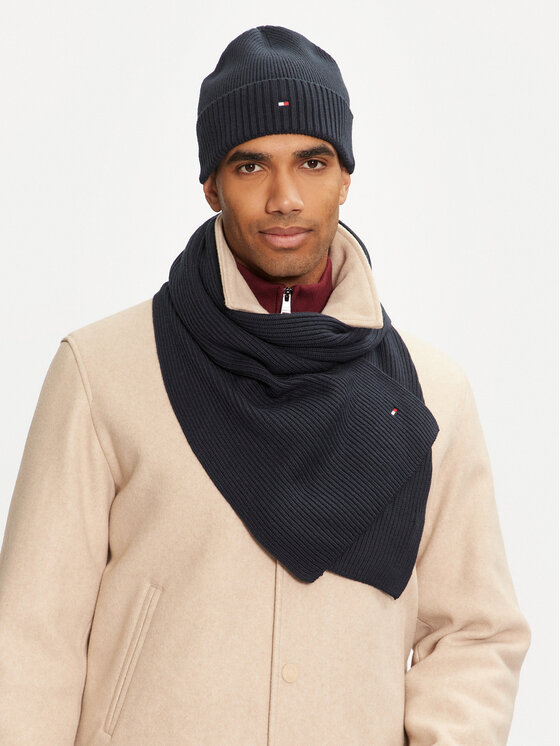 Tommy Hilfiger Set šal I Kapa Flag Pima Cotton Beanie & Scarf AM0AM12937 Tamnoplava