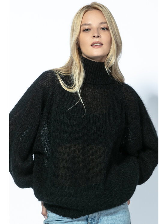 Fobya Fobya Sweter BEZSZWOWY OVERSIZOWY SWETER Z GOLFEM Z WEŁNY ALPAKI F1729 Czarny Oversize