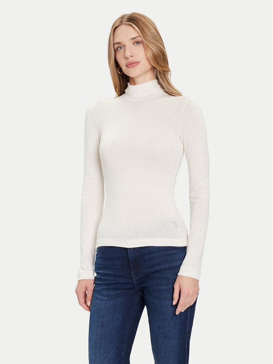 Guess Guess Bluză cu gât W4BP14 KCGM2 Écru Slim Fit