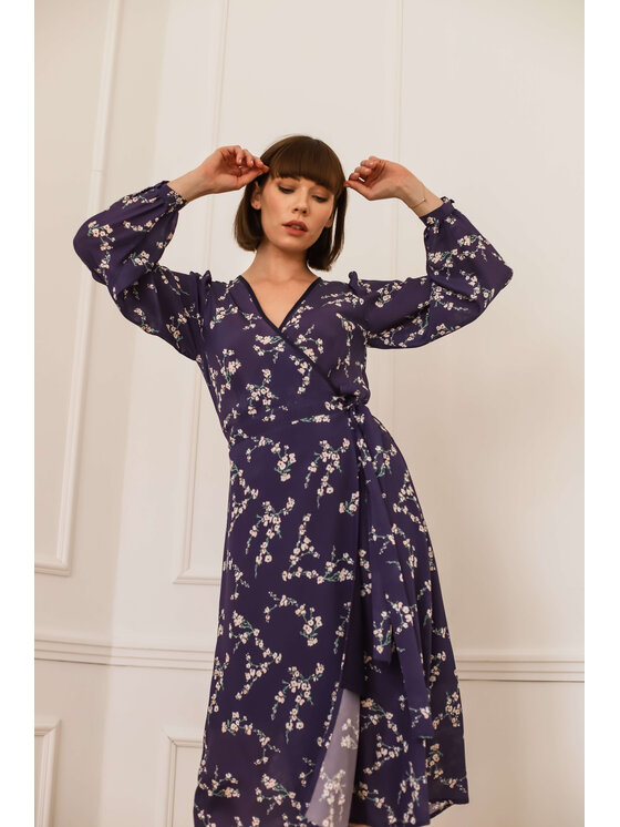 Entelier Entelier Sukienka elegancka kopertowa Granatowy Comfortable Fit