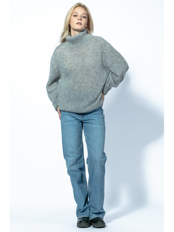 Fobya Fobya Sweter Bezszwowy sweter oversize z golfem z wywijanymi mankietami z wełny Alpaki F1750 Szary Oversize