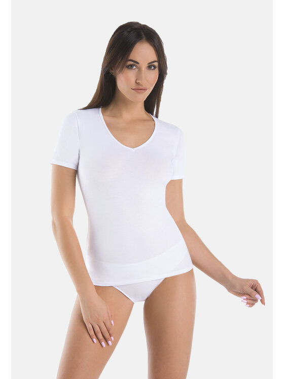 Teyli Teyli T-Shirt Koszulka bawełniana dekolt V Biały Standard Fit