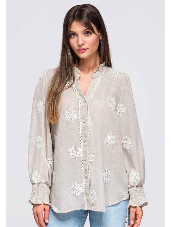 Ombre Ombre Koszula OW-SH-E0054 Beżowy Loose Fit