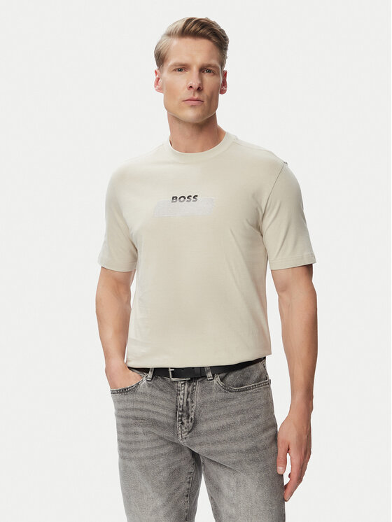 BOSS Tricou Logo Tape 50566606 Bej Regular Fit