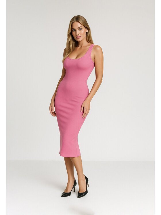 Nudyess Nudyess Sukienka letnia Tina midi z prążka Różowy Fitted Fit