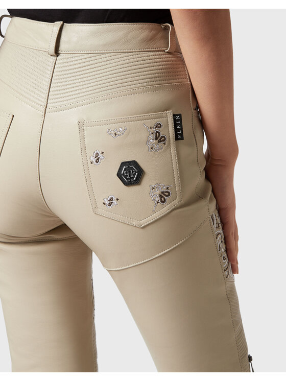PHILIPP PLEIN PHILIPP PLEIN Spodnie skórzane 8925 Beżowy Long Fit