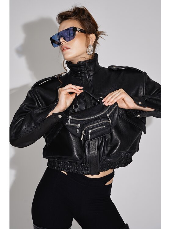 Mimika Mimika Kurtka skórzana bomber n^7 absolute black z teksturowanej skóry Czarny Oversize