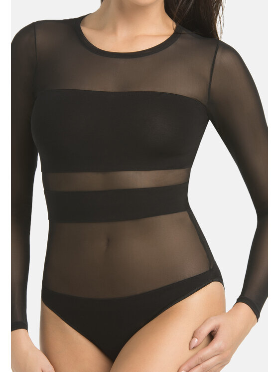 Teyli Teyli Body z wiskozy z siateczką Stripy Czarny Regular Fit