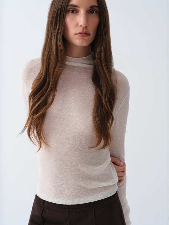 La Mania La Mania Bluzka SHEER Kremowy Basic Fit