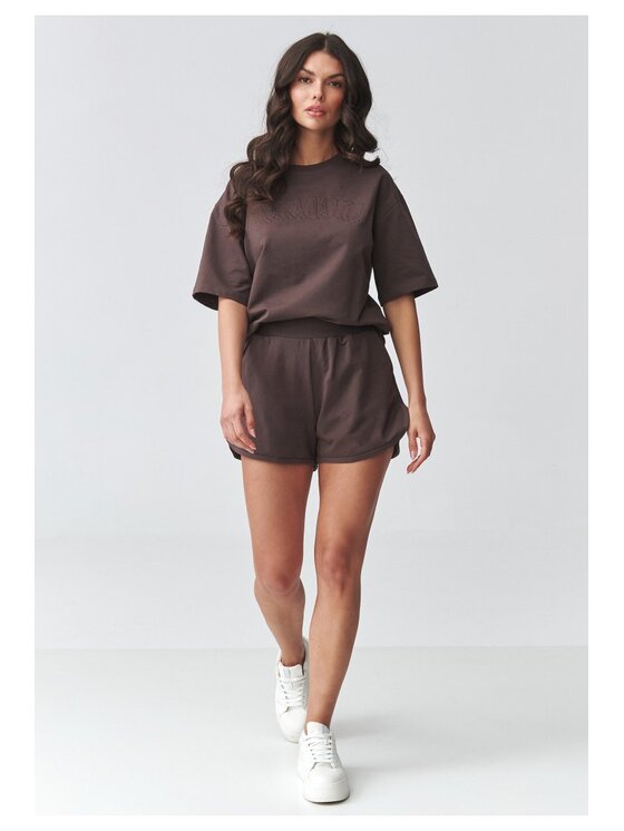 Makadamia Makadamia Komplet bluzka i szorty sportowe M918 Brązowy Loose Fit