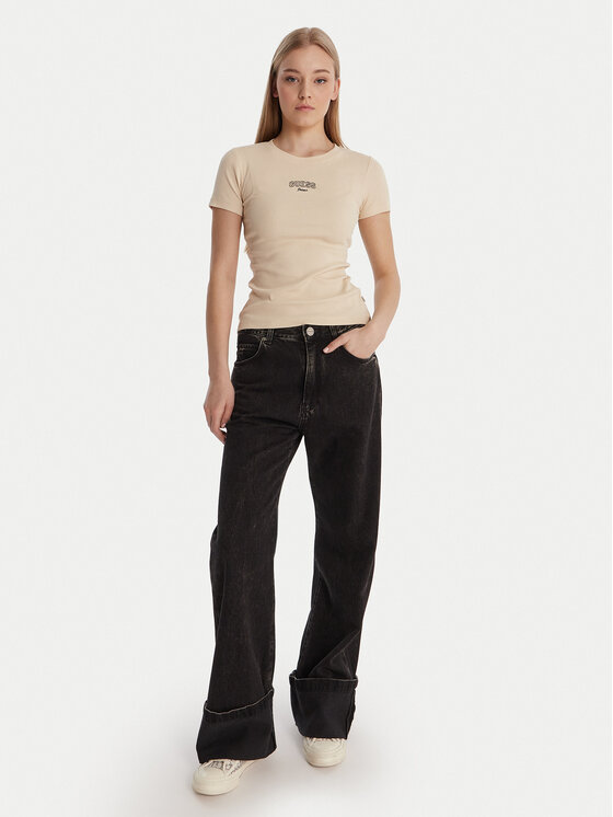 Guess Jeans Guess Jeans Tričko W6RP21 KA0H1 Béžová Slim Fit