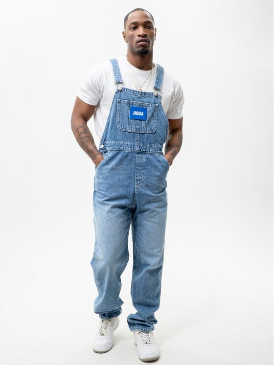 Ogrodniczki Jigga Wear, Rozmiar M, Niebieskie, Spodnie Jeansowe Ogrodniczki Męskie Jasne Niebieskiee Jigga Wear Logo Dungarees Baggy XL