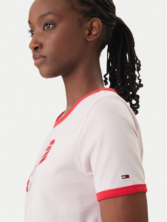 Tommy Jeans Tommy Jeans T-särk Wavy Flag Contrast Ringer DW0DW22306 Roosa Regular Fit