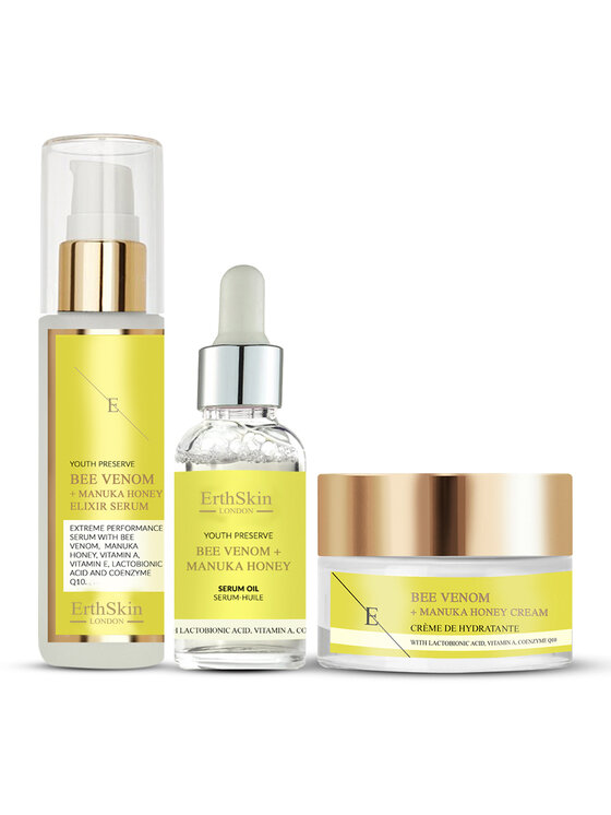 Zestaw do pielęgnacji Erthskin London, Jad Pszczeli + Krem Miodowy Manuka + Serum Eliksir + Olejek Serum