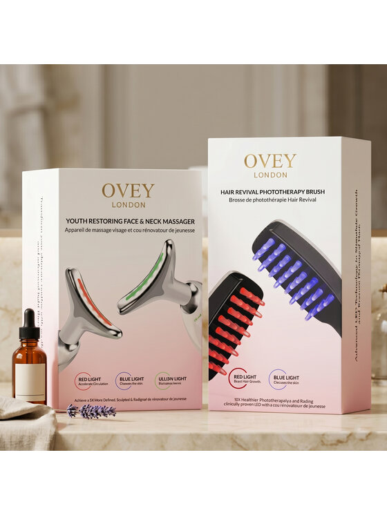 OVEY London OVEY London Masażer do twarzy i szyi przywracający młodość + szczoteczka do fototerapii rewitalizującej włosy Zestaw do pielęgnacji skóry