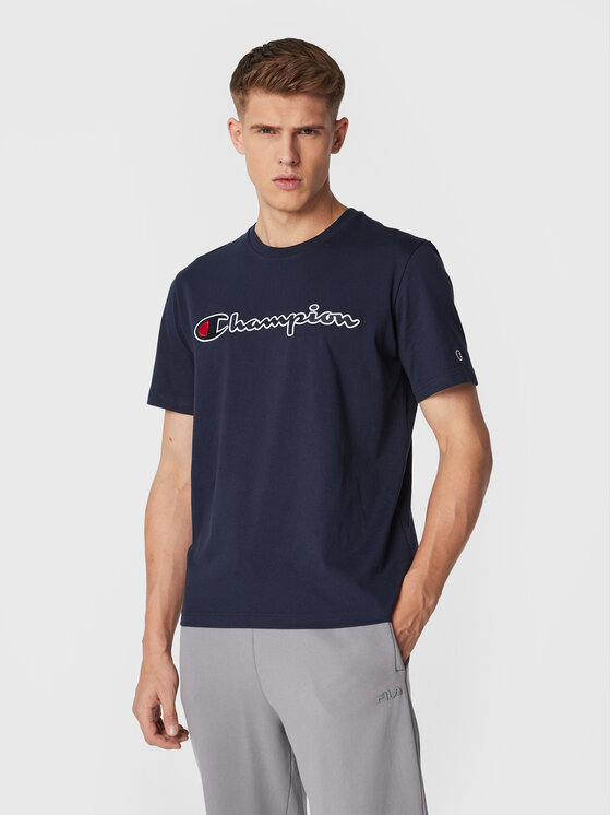 Champion T-krekls Script Logo Embroidery 218007 Tumši zils Regular Fit