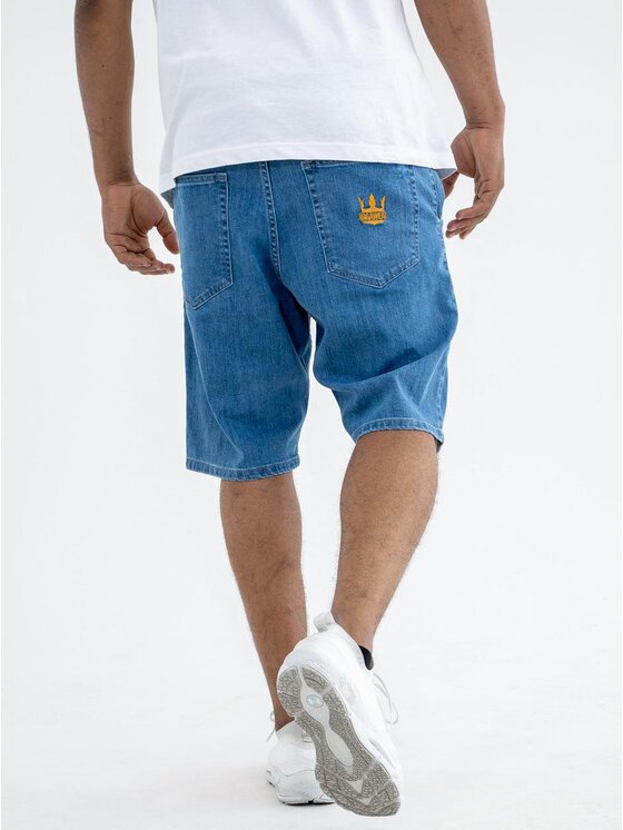 Jigga Wear Jigga Wear Szorty jeansowe Krótkie Spodenki Jeansowe Ze Ściągaczem Męskie Sprane Niebieskie / Złote Jigga Wear Crown Pocket 2XL Niebieski Regular Fit