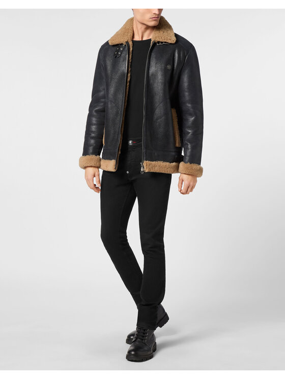 PHILIPP PLEIN PHILIPP PLEIN Kožená bunda 11479 Černá Fitted Fit