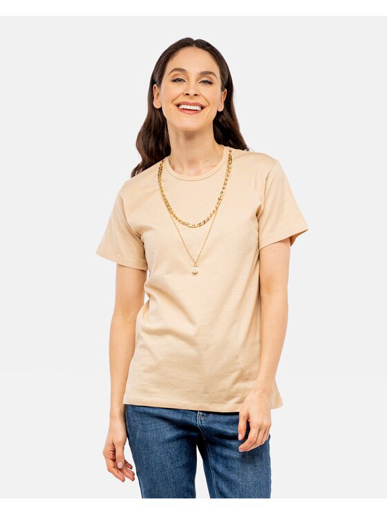 Perso Perso T-Shirt z naszyjnikiem z perłą Beżowy Slim Fit