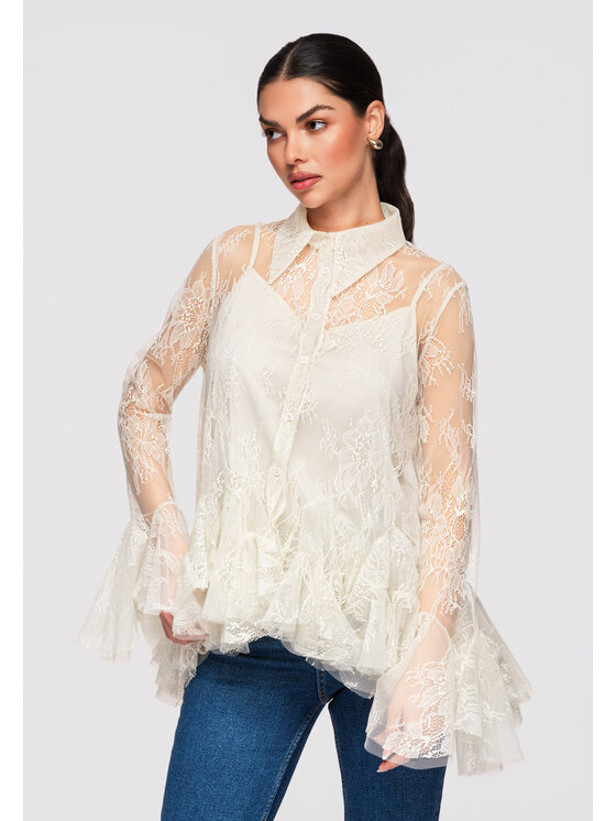 Ombre Ombre Koszula OW-SH-E0003 Beżowy Loose Fit