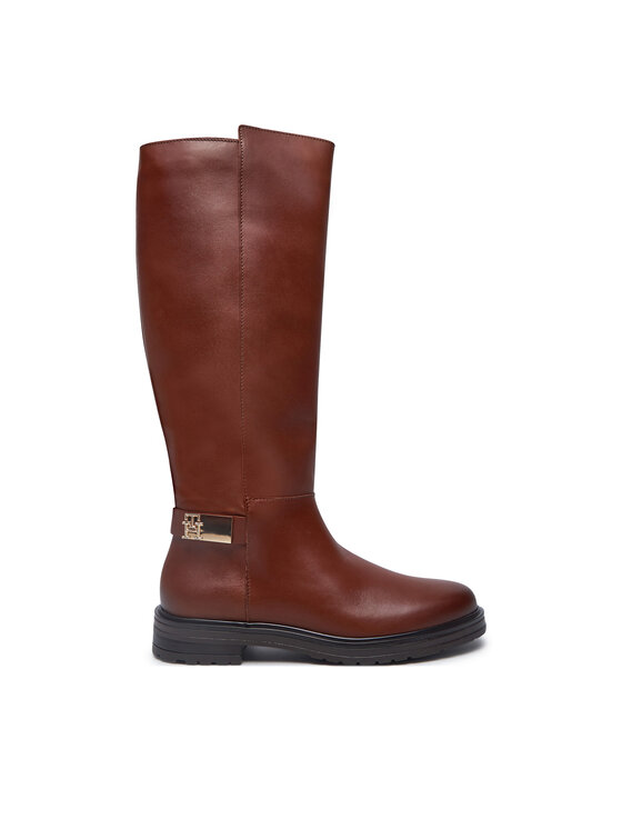 Tommy Hilfiger Tommy Hilfiger Čizme ispod koljena Th Logo Leather Long Boot FW0FW08335 Smeđa