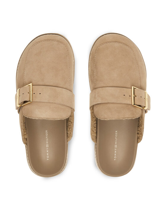 Tommy Hilfiger Tommy Hilfiger Pantoletten Th Buckle Fur Suede Mule FW0FW09083 Beige