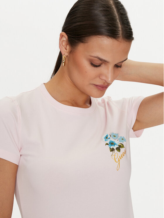 Guess Guess Marškinėliai Flowers W4YI30 J1314 Rožinė Slim Fit