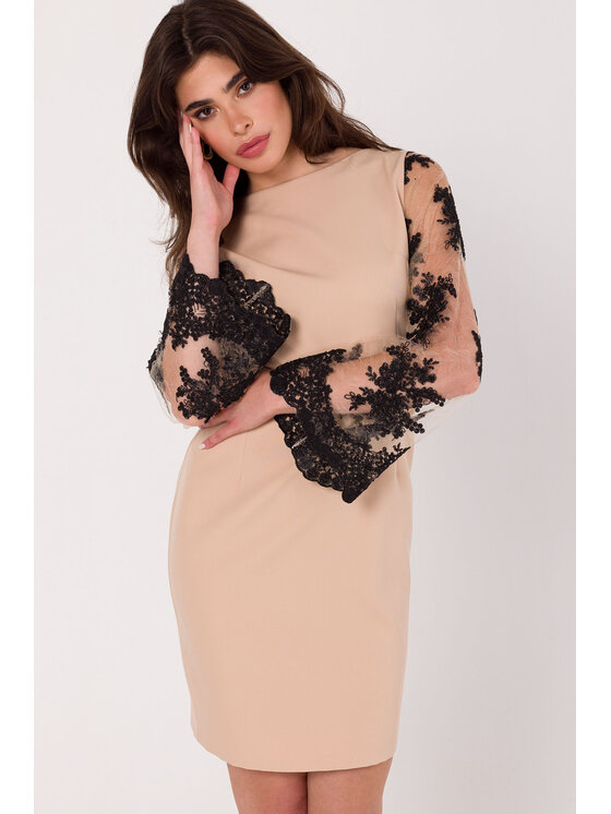 Makover Makover Večerní šaty K182 Béžová Slim Fit