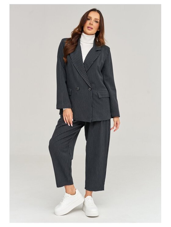 Makadamia Makadamia Komplet żakiet i spodnie materiałowe C102 Szary Loose Fit