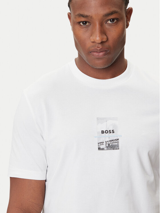 BOSS BOSS Majica Photoprint 50545869 Bela Relaxed Fit
