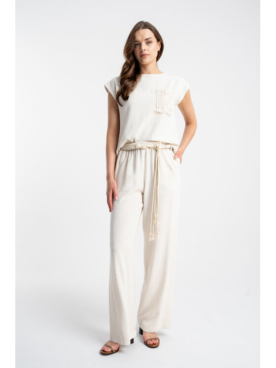 CLICK CLICK Kalhoty z materiálu 30-353 Světle béžová Loose Fit