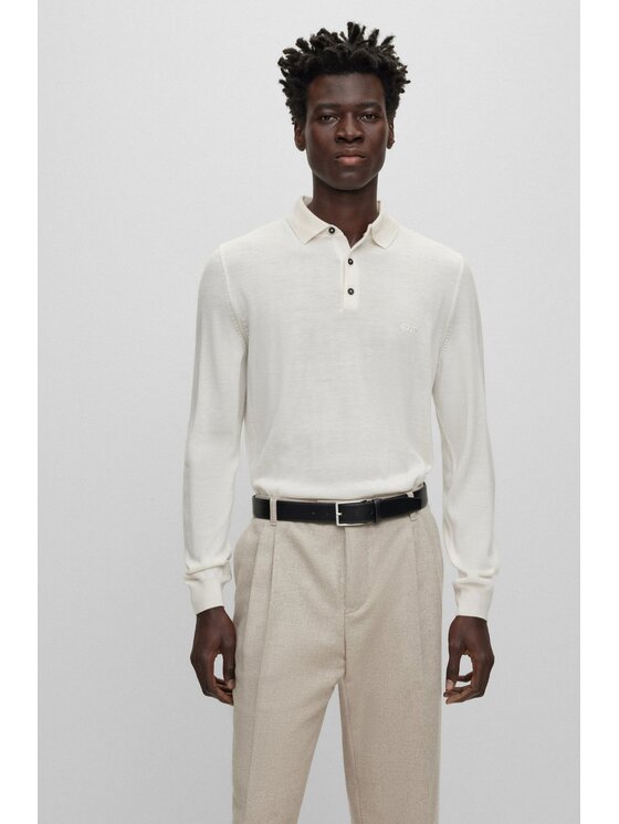 BOSS Boss Polo Boss Polo bianca in lana maniche lunghe Bianco Reglan Fit