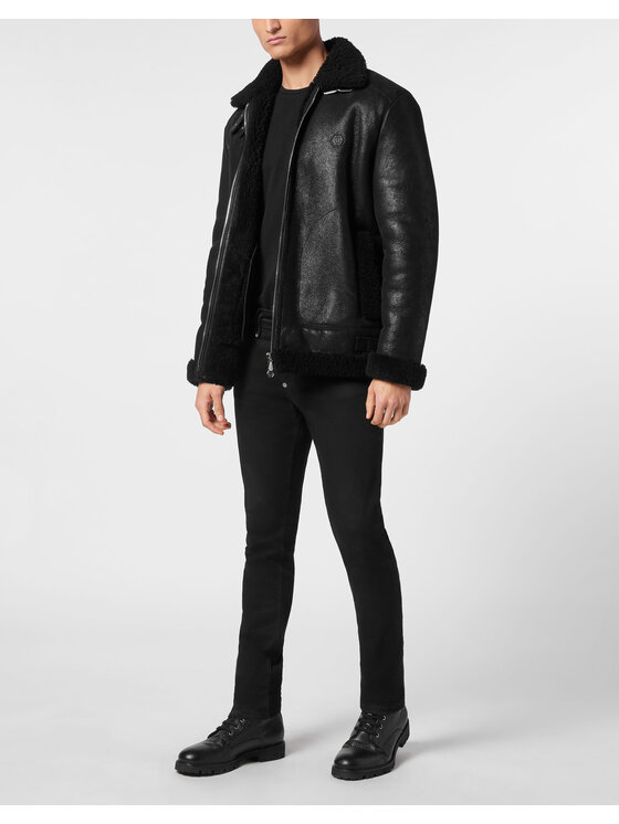 PHILIPP PLEIN PHILIPP PLEIN Kurtka skórzana 11479 Czarny Fitted Fit