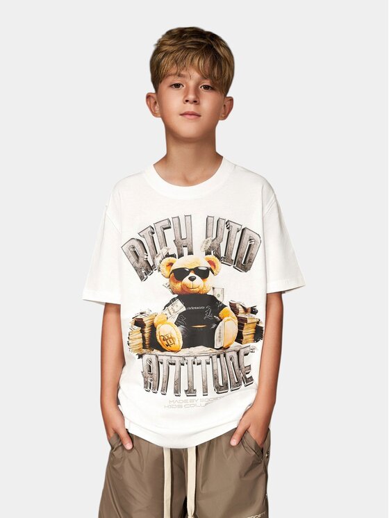 MADE BY SOCIETY MADE BY SOCIETY T-Shirt Tricou "Rich kid" - T36540 Biały Basic Fit