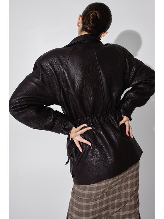 Mimika Mimika Kurtka skórzana Parka cafe z teksturowanej skóry Brązowy Oversize