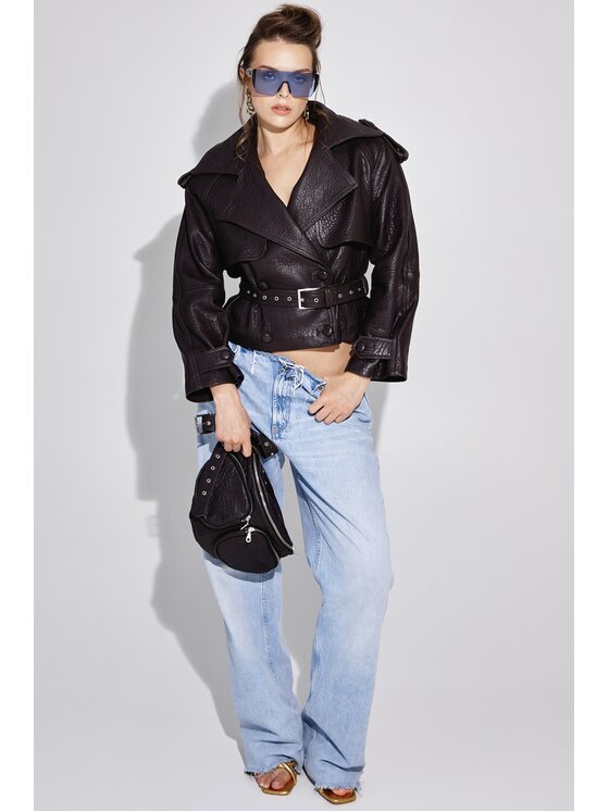 Mimika Mimika Kurtka skórzana lenny 2.0 krótki trench z brązowej, teksurowanej skóry Brązowy Oversize