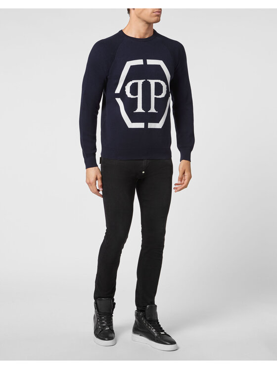 PHILIPP PLEIN PHILIPP PLEIN Sweter 8079 Granatowy Regular Fit