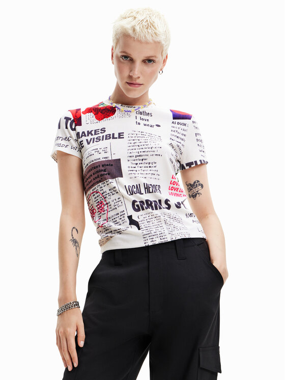 Desigual T-krekls Newspaper 23SWTK61 Balts Regular Fit