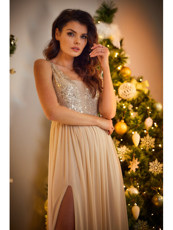 Awama Awama Večerní šaty A486 Béžová Basic Fit