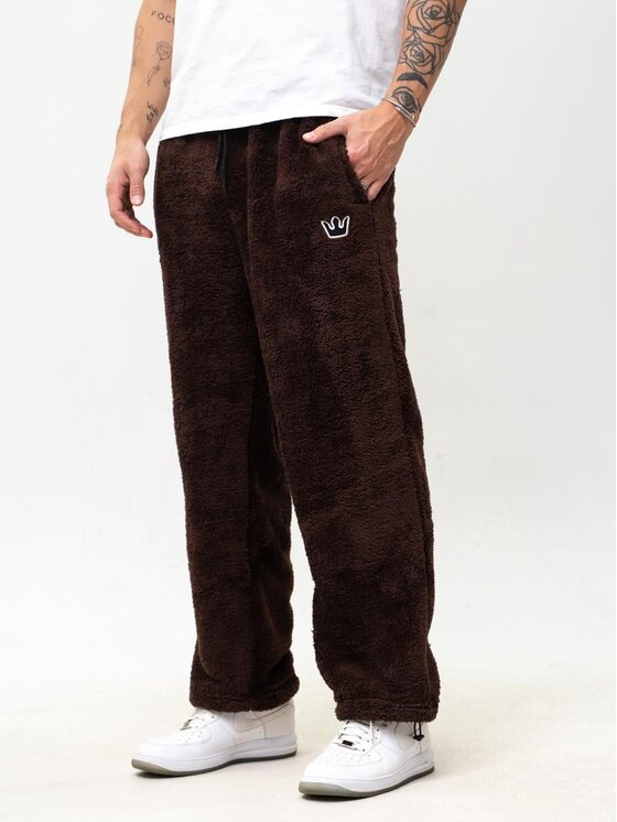 Jigga Wear Jigga Wear Spodnie dresowe Szerokie luźne polarowe futerko sherpa 130599 Brązowy Baggy Fit