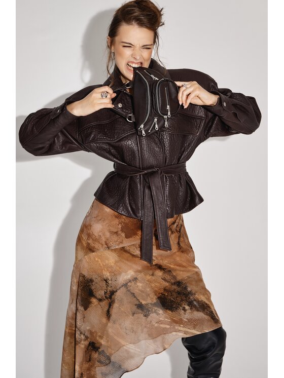 Mimika Mimika Kurtka skórzana Boss Jacket z brązowej, teksturowanej skóry Brązowy Oversize
