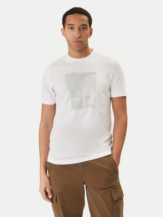 BOSS Tricou Imprint 50556007 Alb Regular Fit