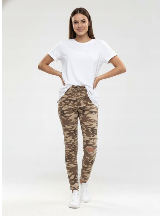 MyStars MyStars Spodnie materiałowe Camo Militarne Wojskowe 104972 Kremowy Regular Fit
