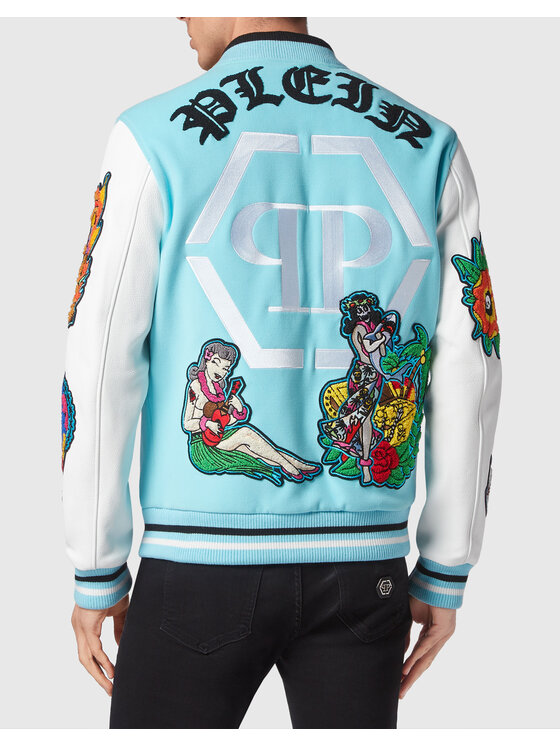 PHILIPP PLEIN PHILIPP PLEIN Kožená bunda 3563 Světle modrá Regular Fit