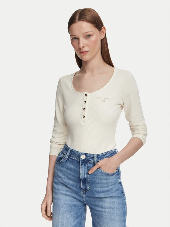 Guess Bluză W6YP60 K5318 Crem Slim Fit