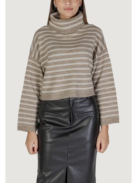 ONLY ONLY Sweter ONLTALIO LS STRIPE SHORT ROLLNECK BF KNT Beżowy Short Fit