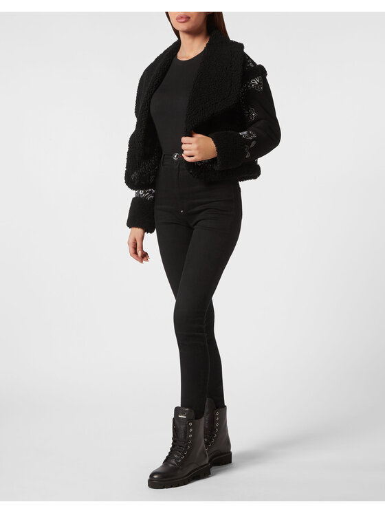 PHILIPP PLEIN PHILIPP PLEIN Kožený plášť 6785 Černá Loose Fit