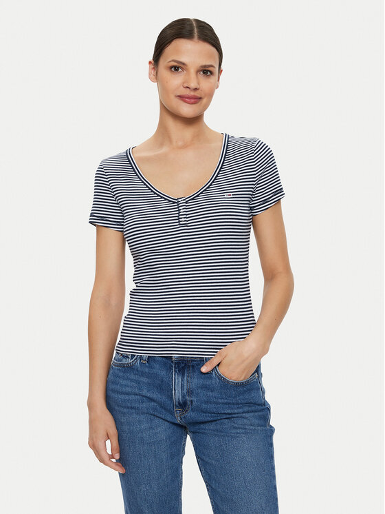 Női Póló Tommy Jeans, Méret: XXS, Sötétkék, Henley DW0DW18429