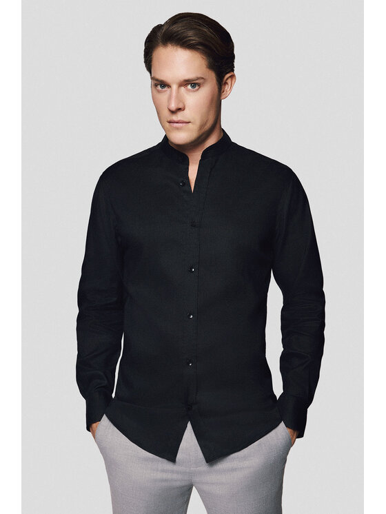 Lancerto Męska Koszula, rozmiar M, Czarna, Koszula Czarna z Lnem Berit KO073125000005